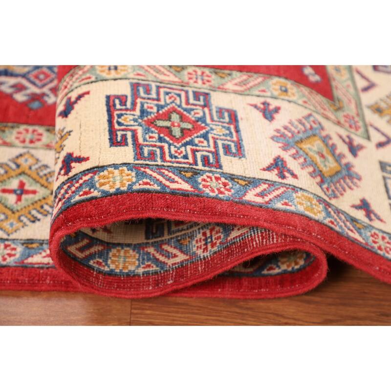 Geometric Kazak Oriental Area Rug Handmade Red Wool Carpet - 4'11" x 7'1"
