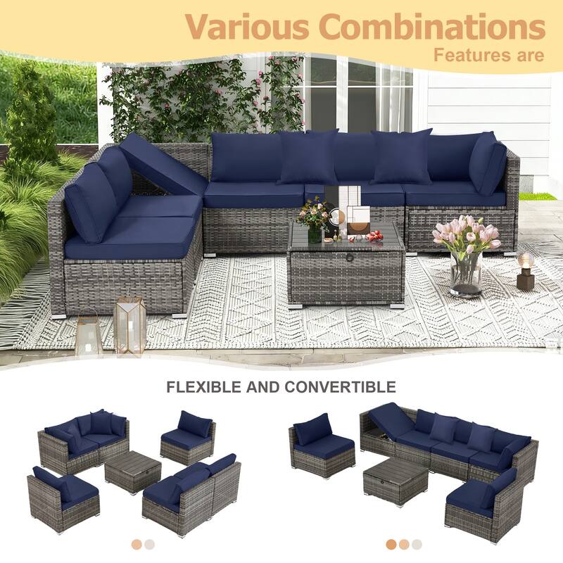 EROMMY 6/7 Piece Modular Outdoor Rattan Sofa Set, All-Weather Wicker Patio Furniture with Storage Table, Cushions & Pillows