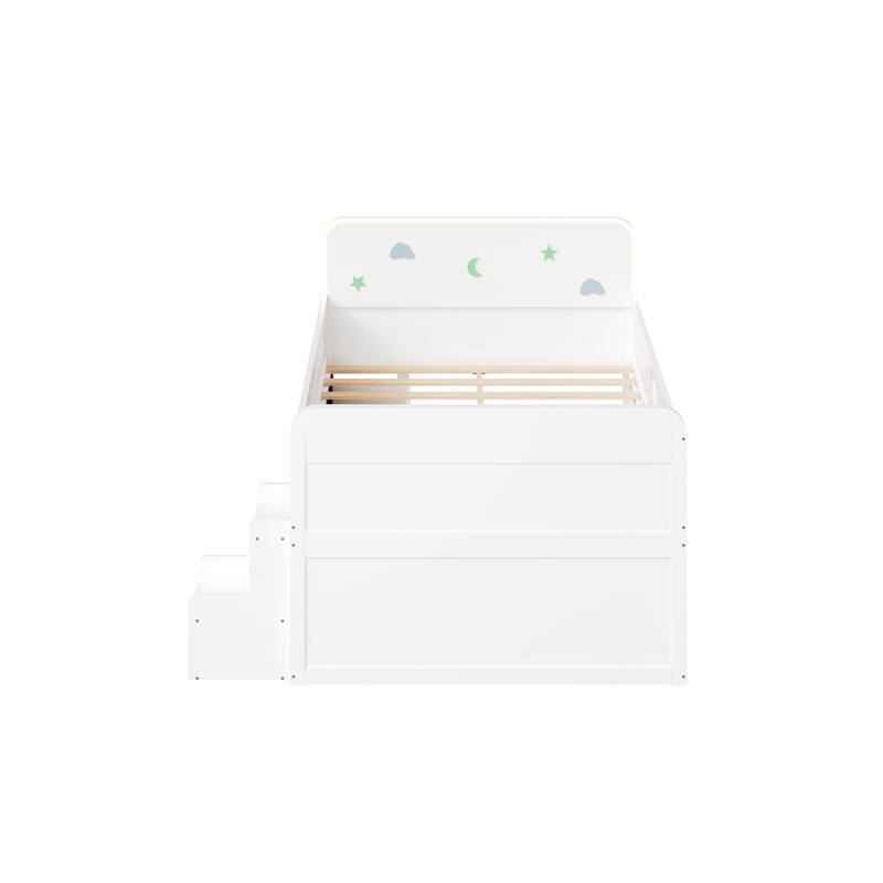 GDFStudio - Wooden Bed with Storage Drawers, Ladder Shelves and LED