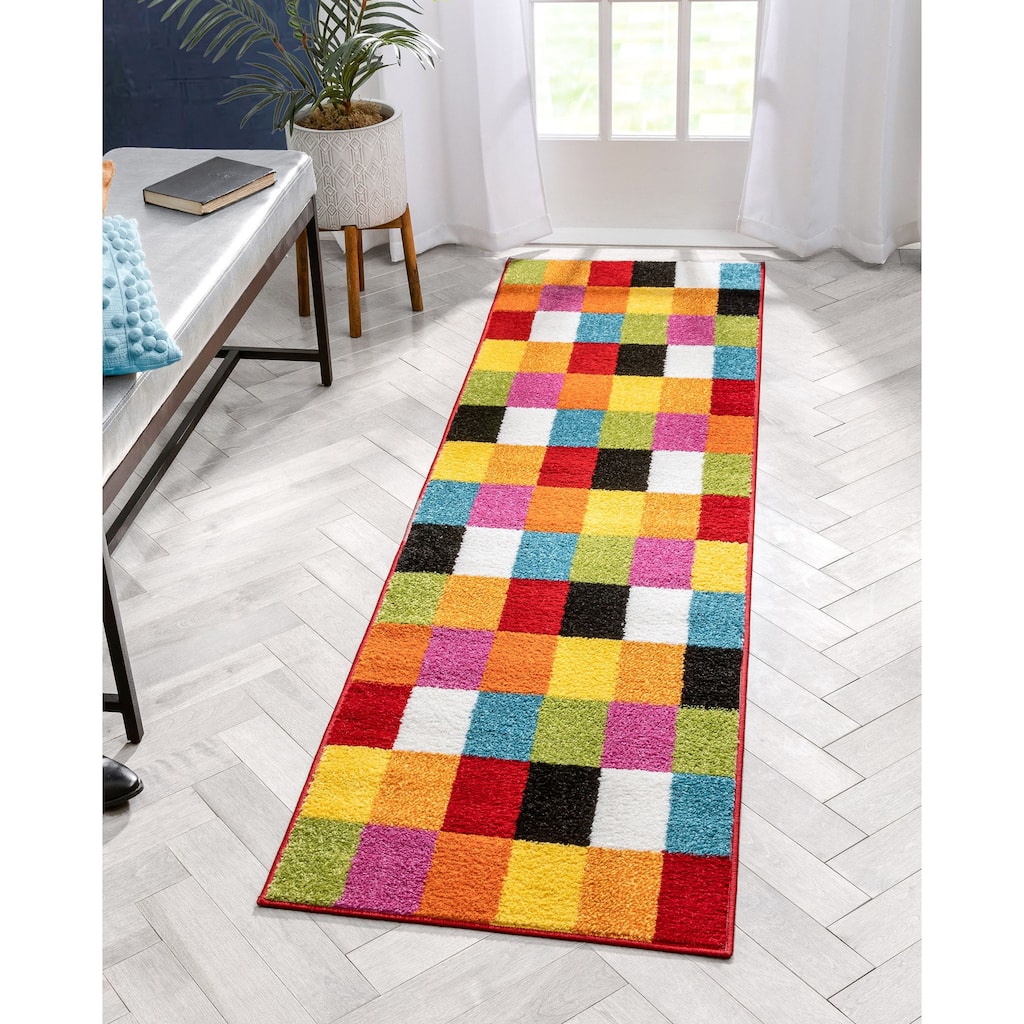 Well Woven Bright Geometric Square Checkered Kids Multi Runner Rug - 2' x 7'