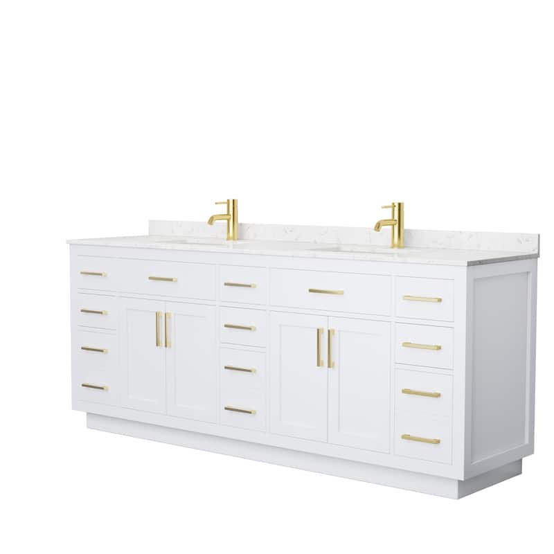 Beckett TK 84-inch Double Vanity, Cultured Marble Top - White, Gold Trim, Carrara Cultured Marble Top