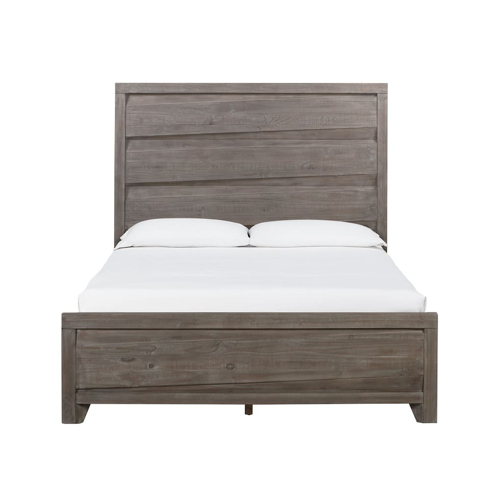 Vero Queen Size Bed, Roughhewn Washed Brown Wood, Asymmetric Panel Design