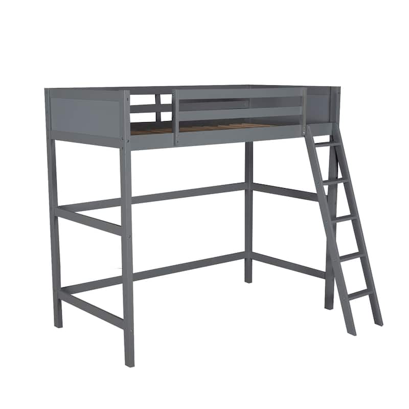 Modern Simple Style Twin Size Solid Pine Wood Loft Bed with Full Length Guardrail and Inclined Ladder