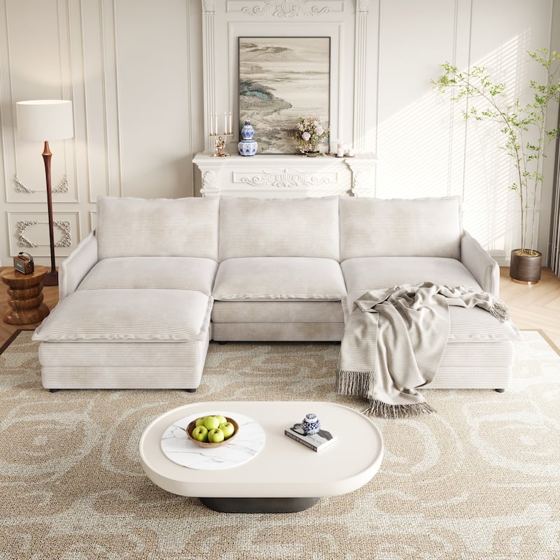 109" Corduroy 3-Seater Cloud Sectional Sofa with 2 Ottomans
