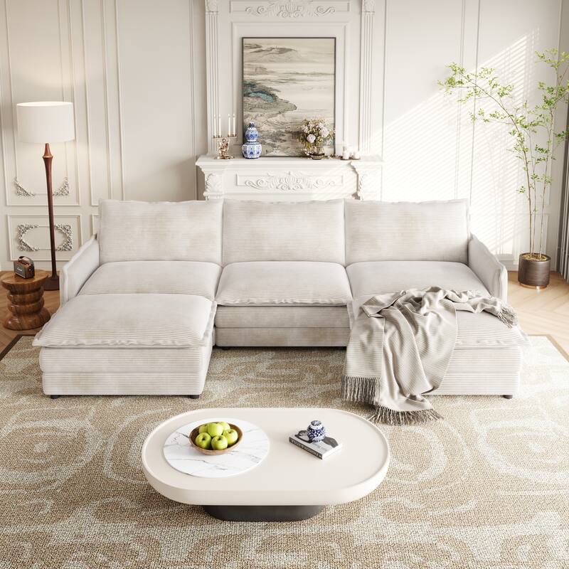 Corduroy Upholstered Modular Sectional Sofa U Shaped Cloud Couches with 2 Ottomans