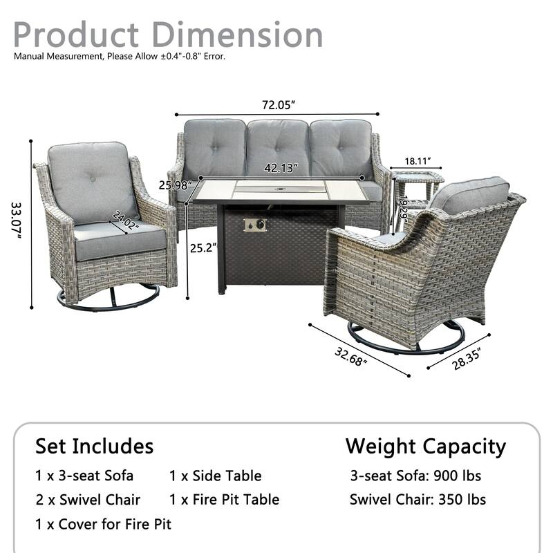 HOOOWOOO 5-piece Wicker Outdoor Furniture Swivel Chairs Set with Fire Pit