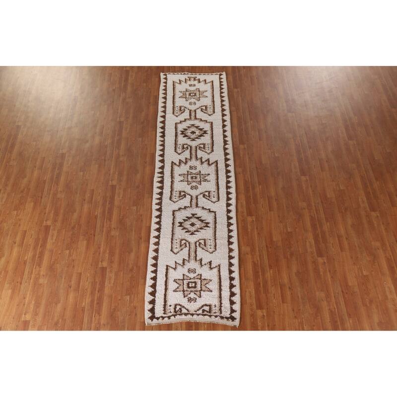 Geometric Anatolian Turkish Runner Rug Handmade Wool Carpet - 3'0"x 11'2"
