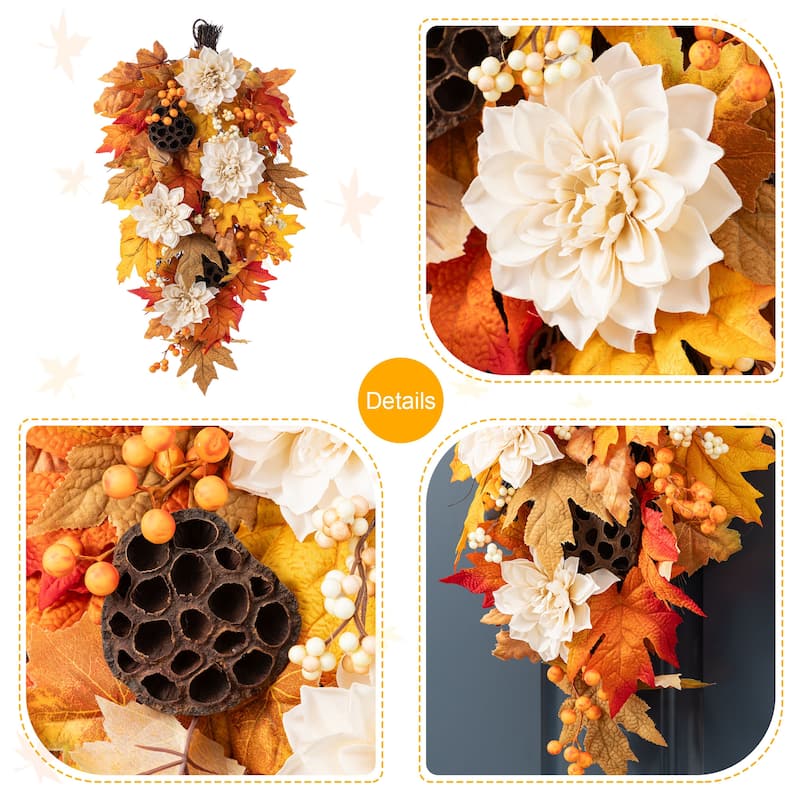 Glitzhome Hello Fall Lotus Berry Floral Wreath Swag with Black Metal Wreath Hanger