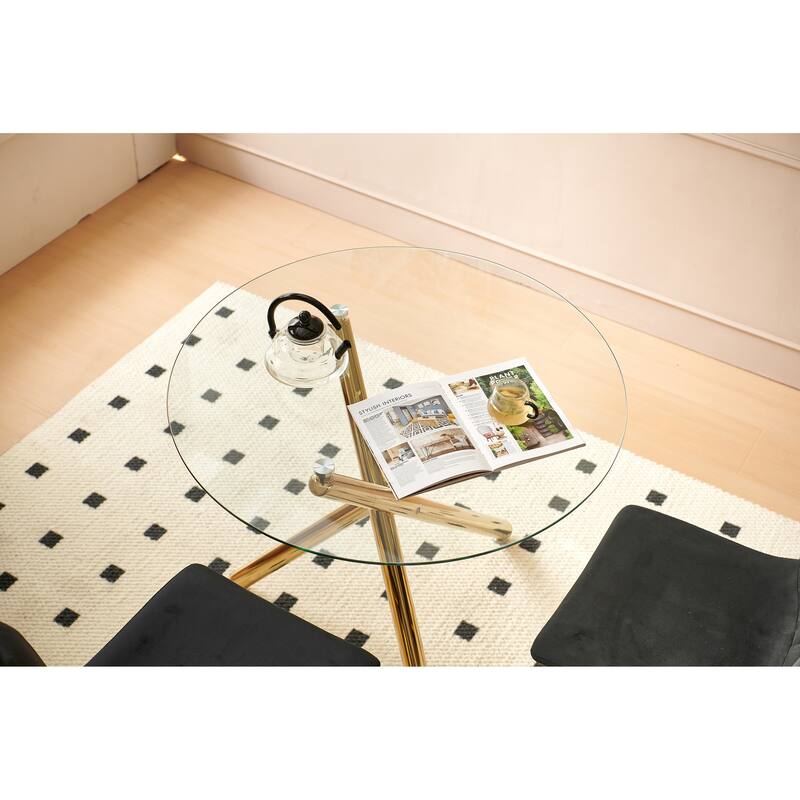 Round Dining Table with Metal leg and Tempered glass,Modern Space Saving Kitchen Table for Living Room