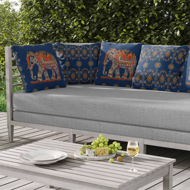 Decorated Elephant Indoor/Outdoor Reversible Throw Pillow Blue and Gray