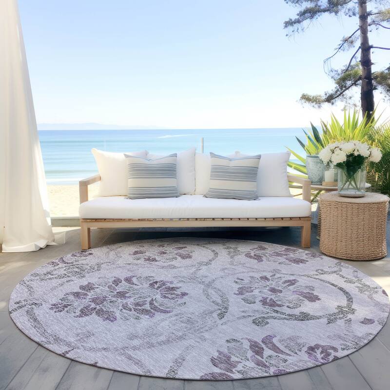 Machine Washable Indoor/ Outdoor Chantille Scroll Floral Rug - Lavender - 8' x 8'