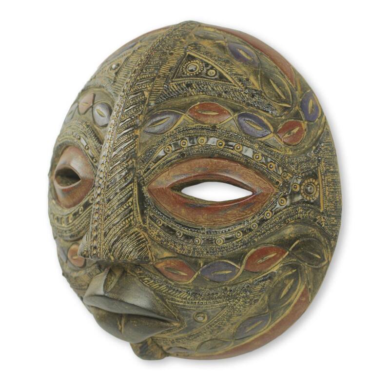 Handmade Overcomer African Wood Mask (Ghana) - 12" H x 12.25" W x 5.5" D