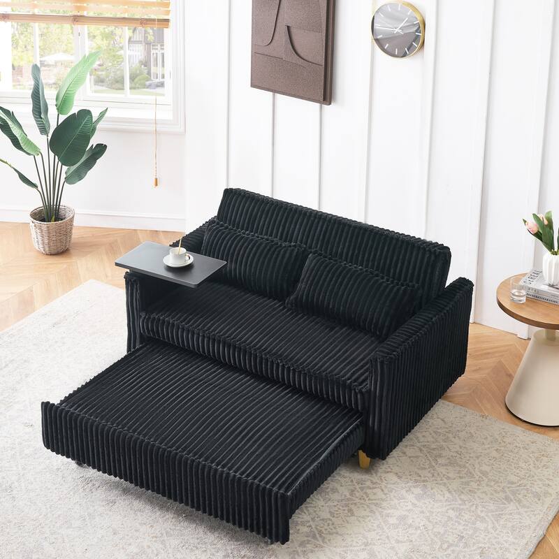 Dual-function Black Corduroy Pull-out Sofa with Movable Tabletop and USB Ports