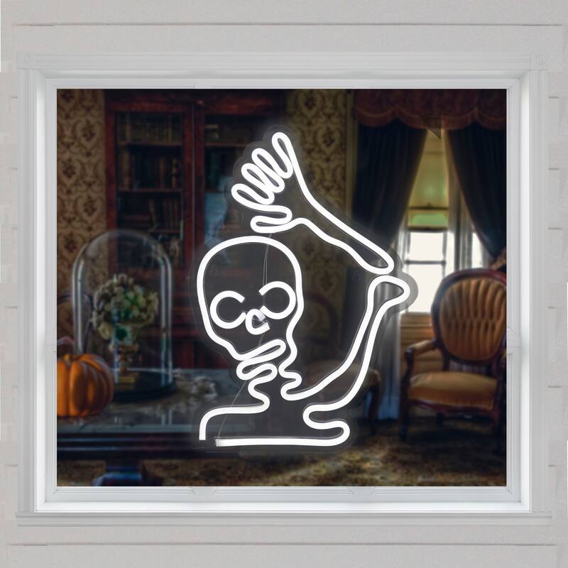 15" White LED Lighted Neon Style Skeleton Halloween Window Silhouette