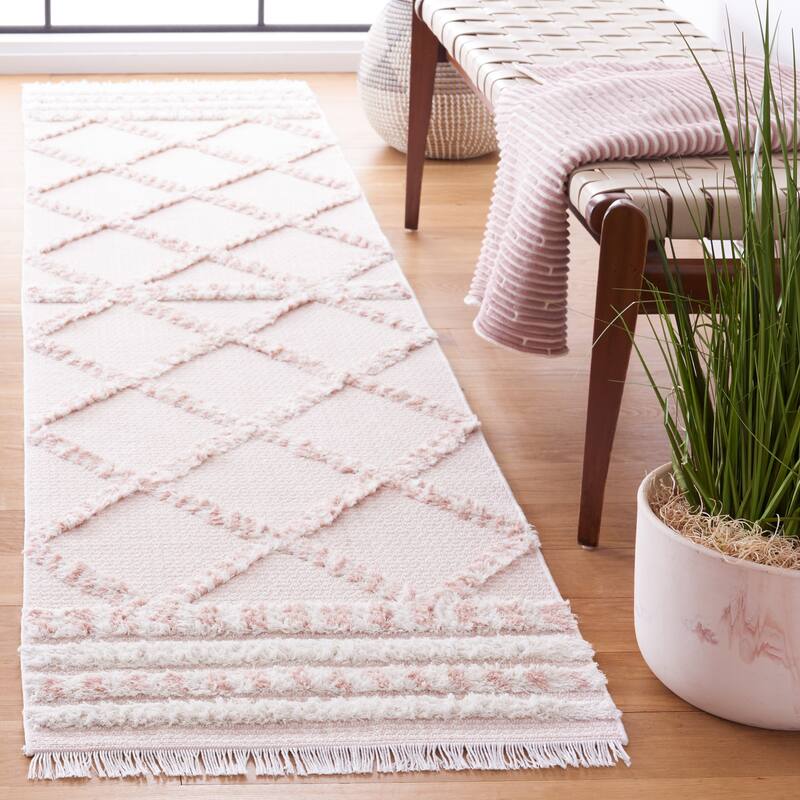 SAFAVIEH Augustine Saori Rustic Trellis Fringe Rug - 2' x 9' Runner - Pink/Ivory