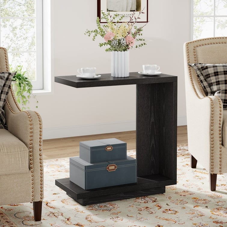 C-Shaped Side Table, 2-Tier Narrow End Table Wood Bedside Table