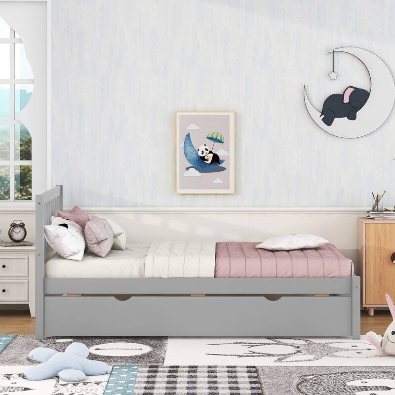 Wooden Twin Size Platform Bed Frame with Trundle