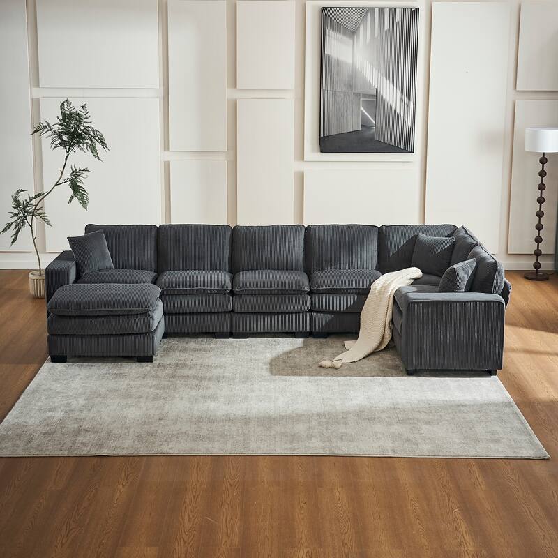 Modern U Shaped 6-seat Sectional Corduroy Sofa Couch with one Ottoman and three toss pillows ,Modular Sofa for Living Room - Grey