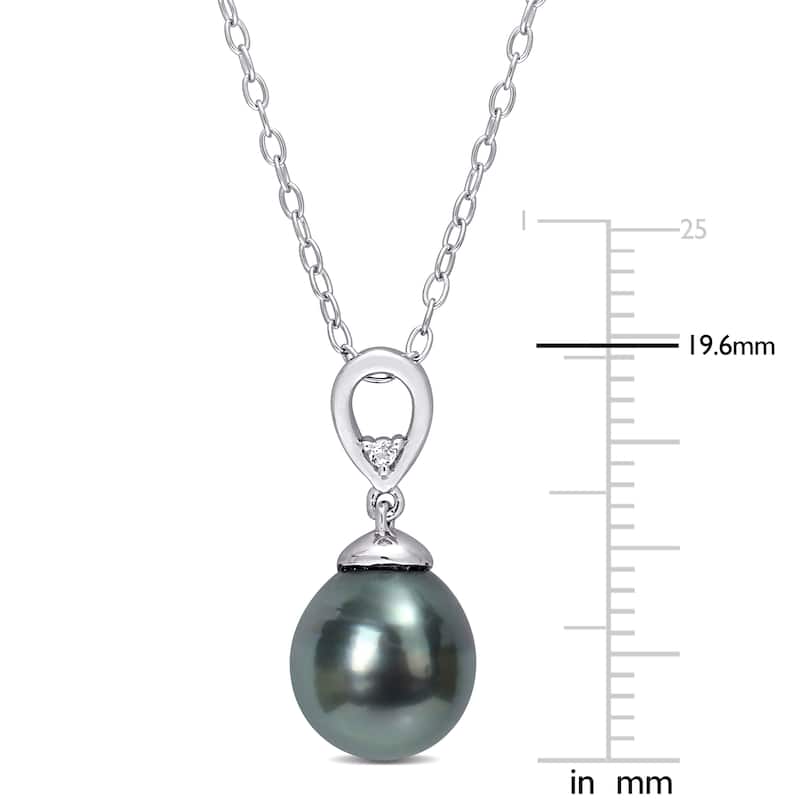 Miadora White Topaz and 8-9mm Black Tahitian Cultured Pearl Fashion Pendant with Chain Silver