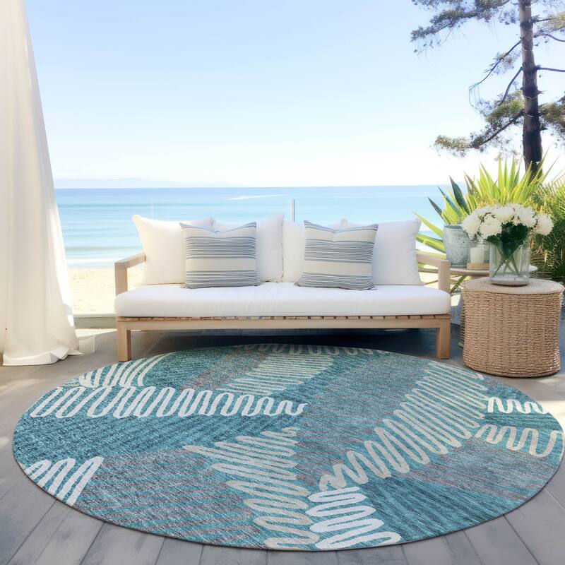 Machine Washable Indoor/ Outdoor Chantille Contemporary Squiggles Rug - Teal - 8' x 8'