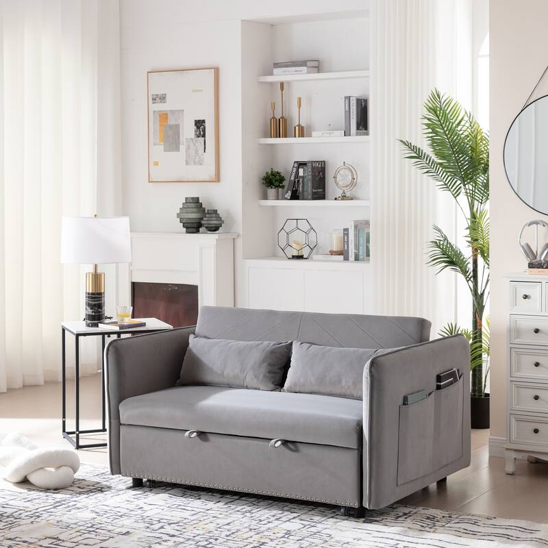 3 in 1 Convertible Sleeper Futon Sofa Bed, 55" Grey Velvet Loveseat with 2 Pillows, Reclining Backrest, Side Pockets