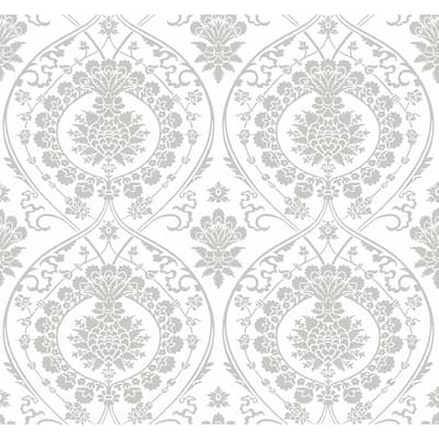 Fargo White/Silver Non-Woven Unpasted Damask Imperial Damask Wallpaper Covers about 60.75 sq. ft.