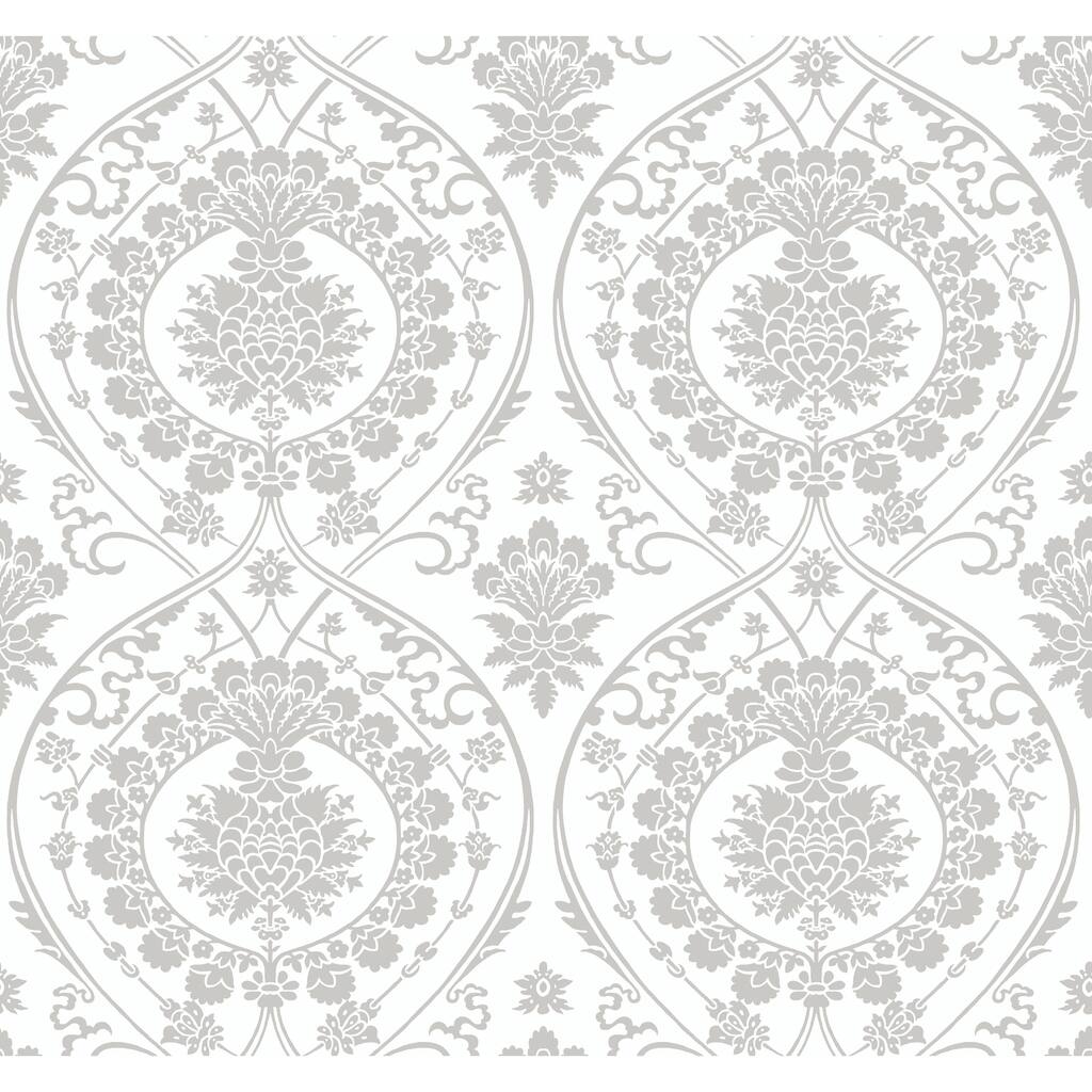 Fargo White/Silver Non-Woven Unpasted Damask Imperial Damask Wallpaper Covers about 60.75 sq. ft.