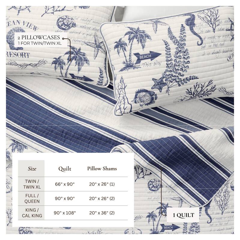 Linery & Co. Cotton Stitched Reversible Coastal 3 Piece Quilt and Sham Set