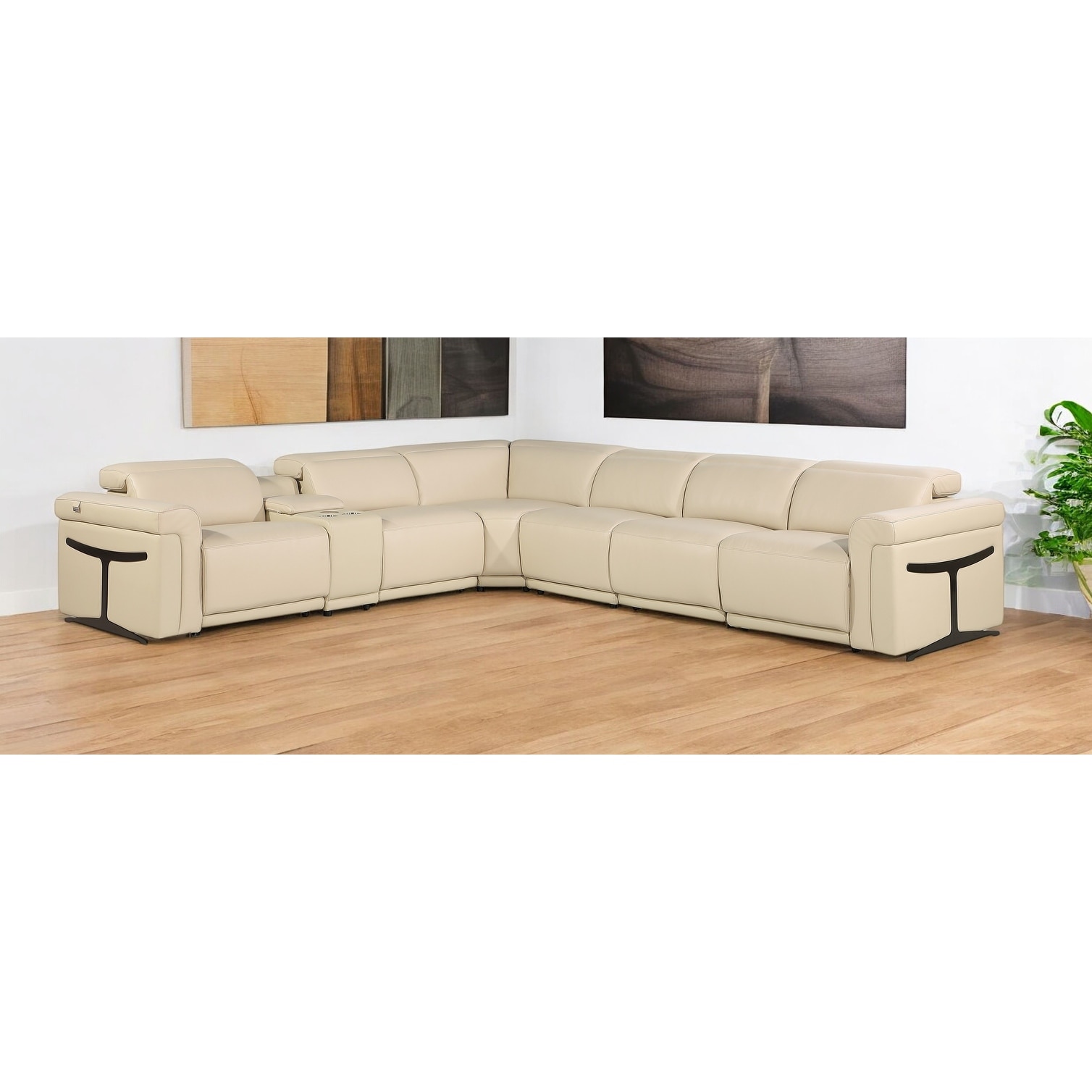 HomeRoots Beige Italian Leather Modular L Shaped Seven Piece Corner Sectional With Console