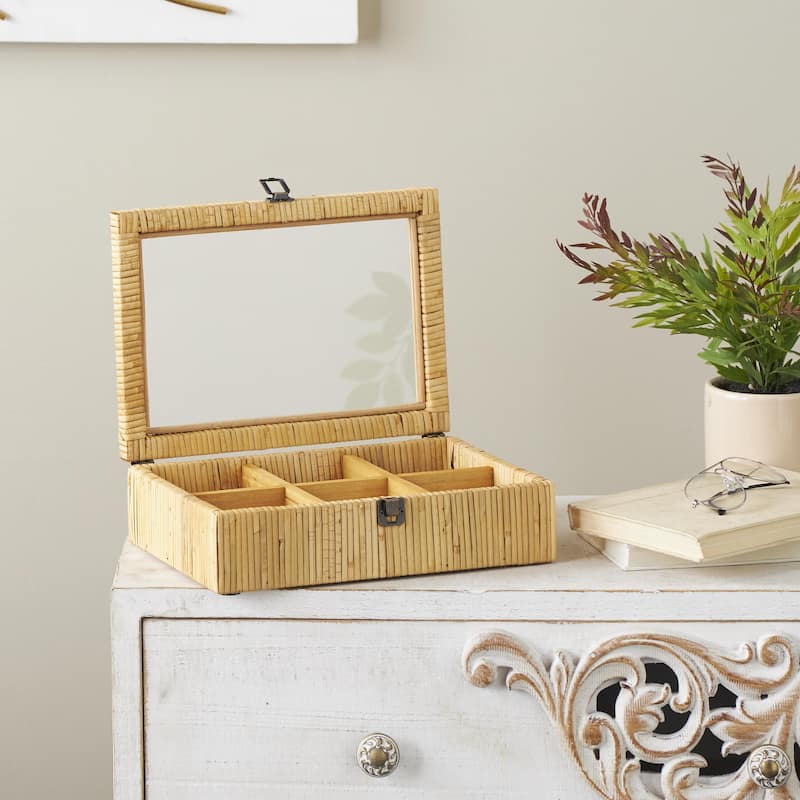 Rattan Handmade Wrapped 6 Slot Decorative Jewelry Box with Tempered Glass Top - Brown - Roche River Decor