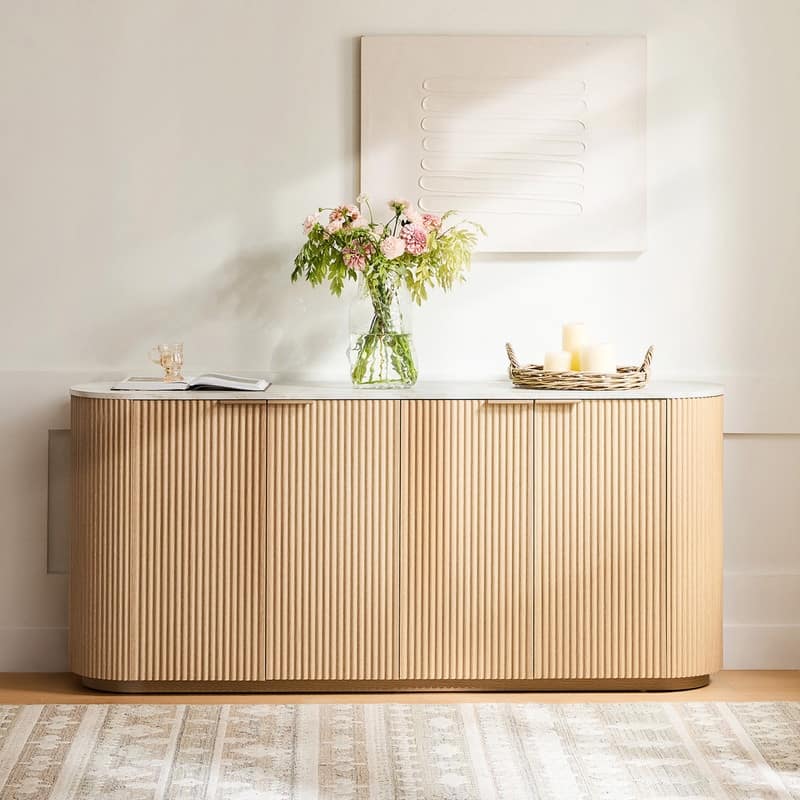 Spruce & Spring 70-inch Wide Modern Sideboard Cabinet with Semi-Cylindrical Columns - Marble