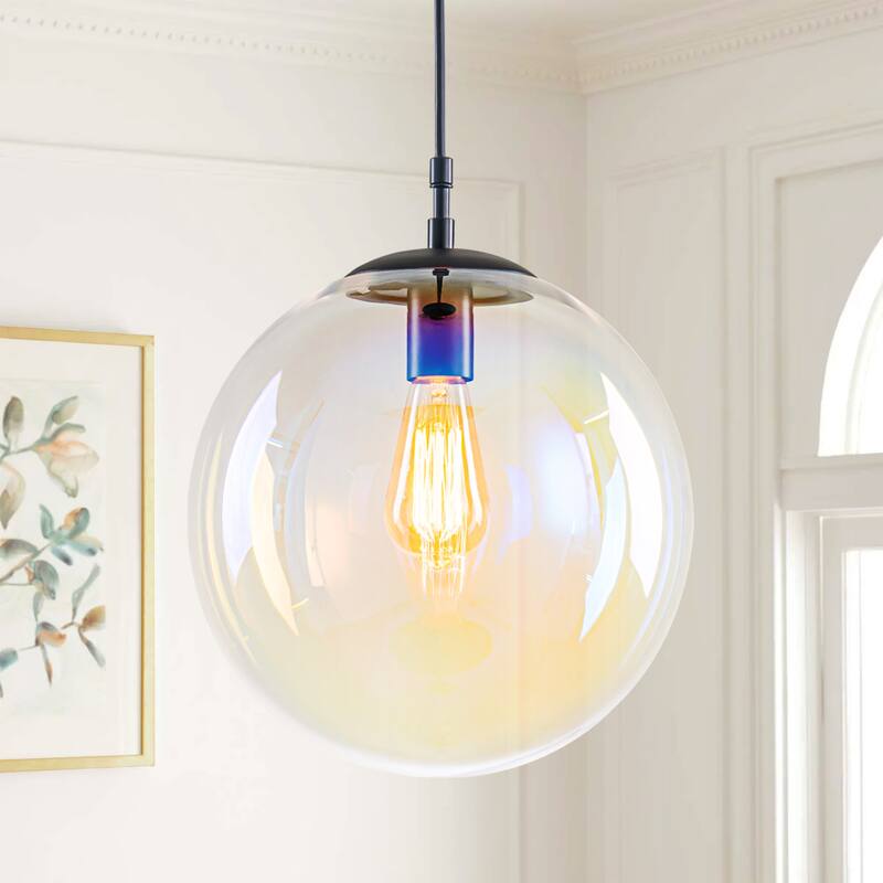 1-Light Modern Boho Iridescent Iron & Hand-Blown Glass Pendant Light for Dining Room - 1 Light
