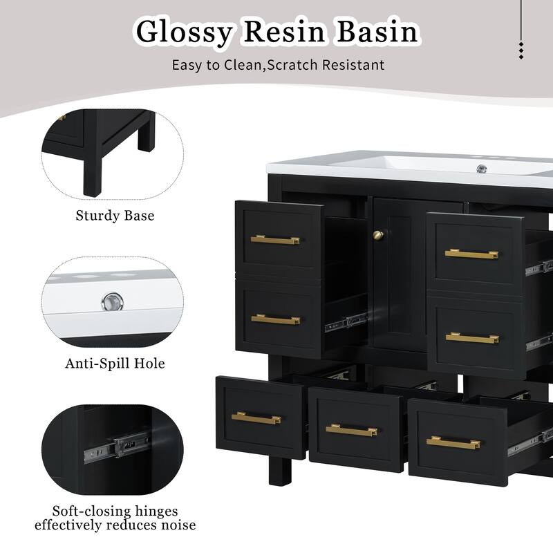Roomfitters 36" Vanity with Resin Sink, Solid Wood Cabinet with 5 Drawers and Soft Closing Doors, Freestanding Storage Set