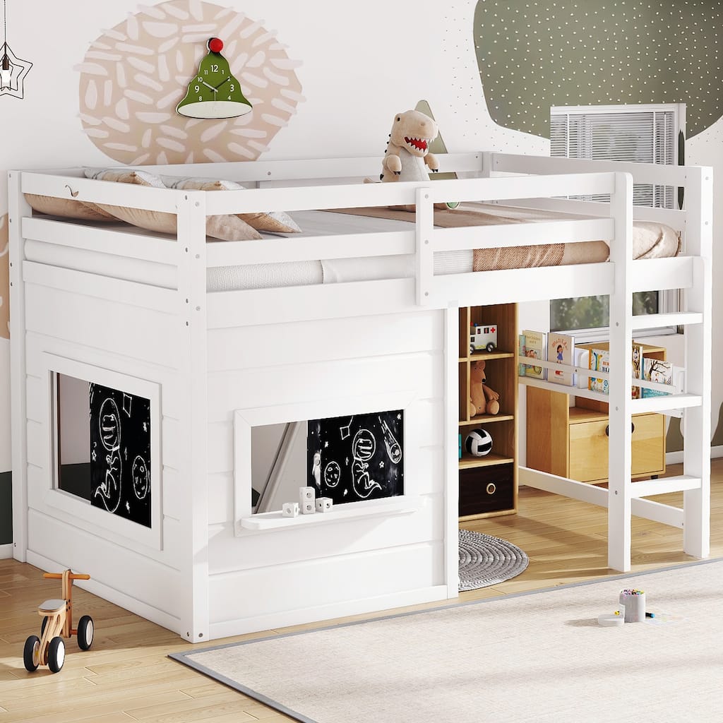 Roomfitters Low Loft Bed with Sliding Chalkboard and Bookshelf, House Frame Design