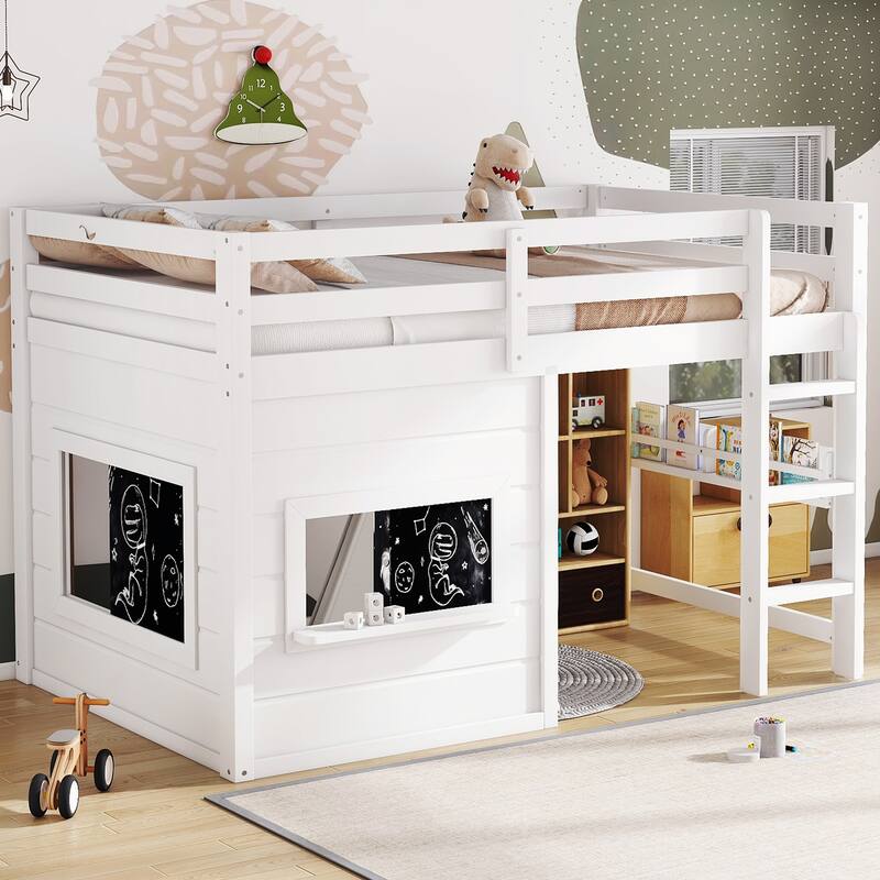 Twin Size loft bed with a playful sliding chalkboard, built-in bookshelf, and high-quality safety rails
