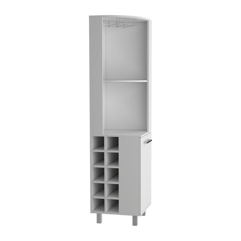 Corner Bar Cabinet With Four Shelves,Ten Wine Bottle Cubbies And Stemware,White