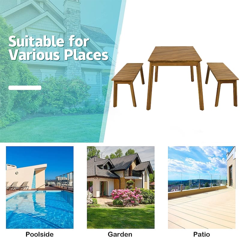3-Piece Outdoor Solid Wood Table & Bench Set, Patio Furniture Set