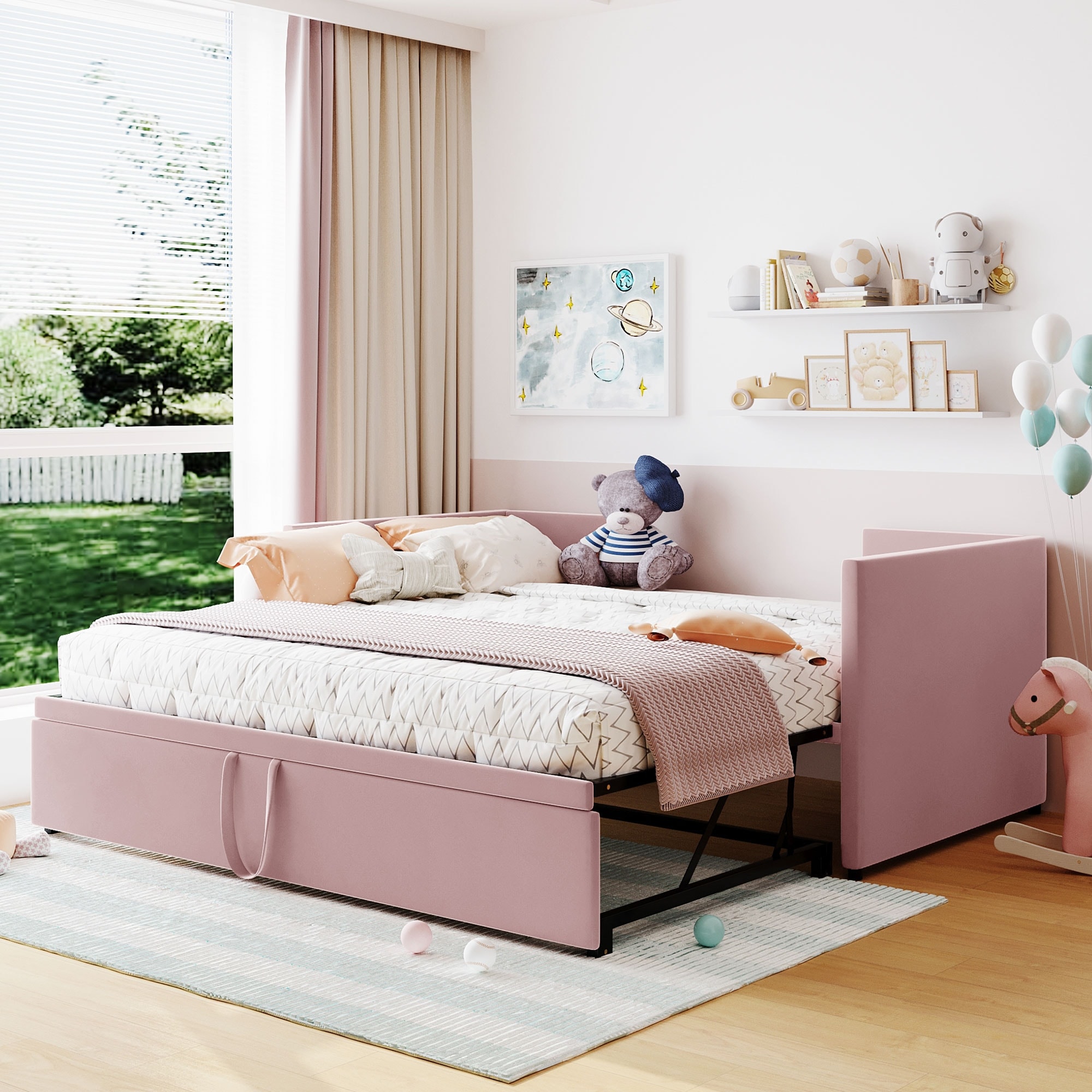 Pink Velvet Upholstered Twin Daybed with Pop Up Trundle