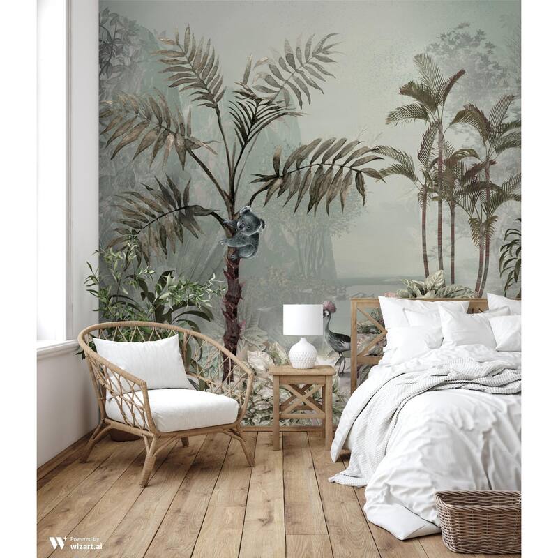 Tropical Forest Wildlife Wallpaper Mural Koala and Crane Jungle Scene