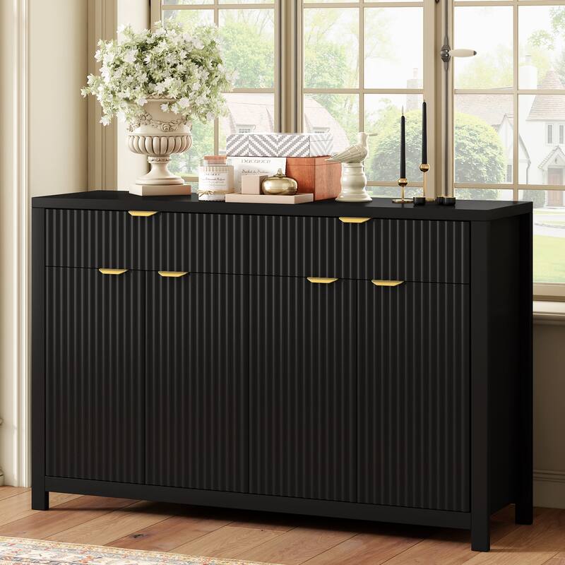Modern Wave-Pattern Sideboard Cabinet with Adjustable Shelves and Large Capacity Drawers - Black