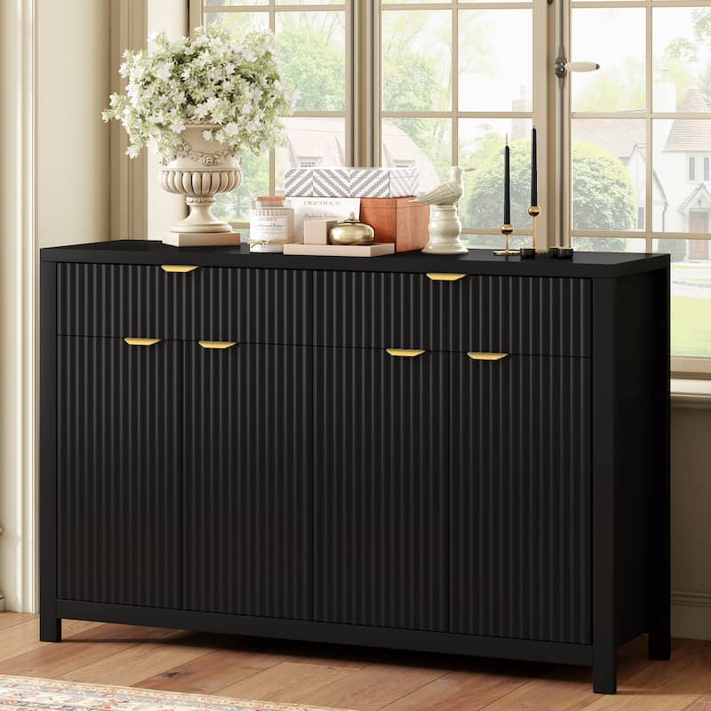 Roomfitters Modern Sideboard Cabinet, Wave Pattern Storage Buffet with Adjustable Shelves, Accent Console - Black