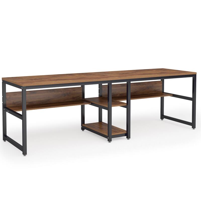 78.7" Double Desk for Two Person with Bookshelves with storage , Rustic Brown