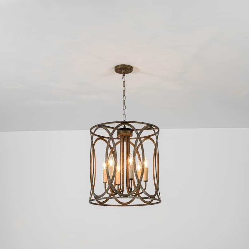 4-light Retro Bronze Rusted Finish Drum/Cylinder Frame Design Chandelier For Use in Kitchen Island, Dining Rooms - 17.9 in. W x 20.5 in. H x 17.9 in. D
