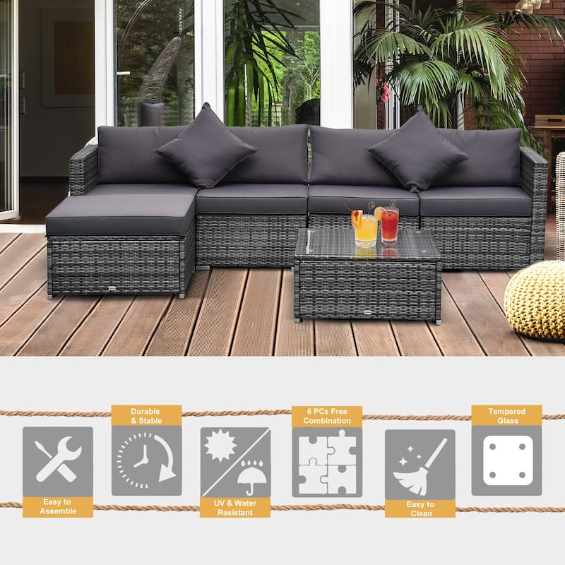 Outsunny 6-Piece Outdoor Patio Rattan Wicker Furniture Set with Comfortable Cotton Cushions, Removable Slip Covers