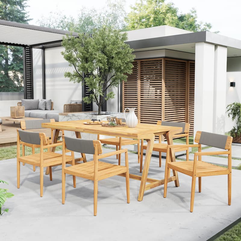 Christopher Knight Home - Zorion Acacia Wood Outdoor Dining Armchair - Teak+ Gray+6 Piece