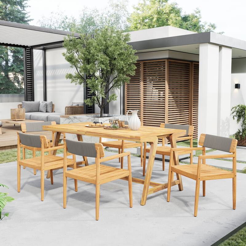 Roomfitters 4-Piece Outdoor Braided Acacia Wood Chairs Teak Look and Rope Weave Armchairs for Garden Backyard Poolside