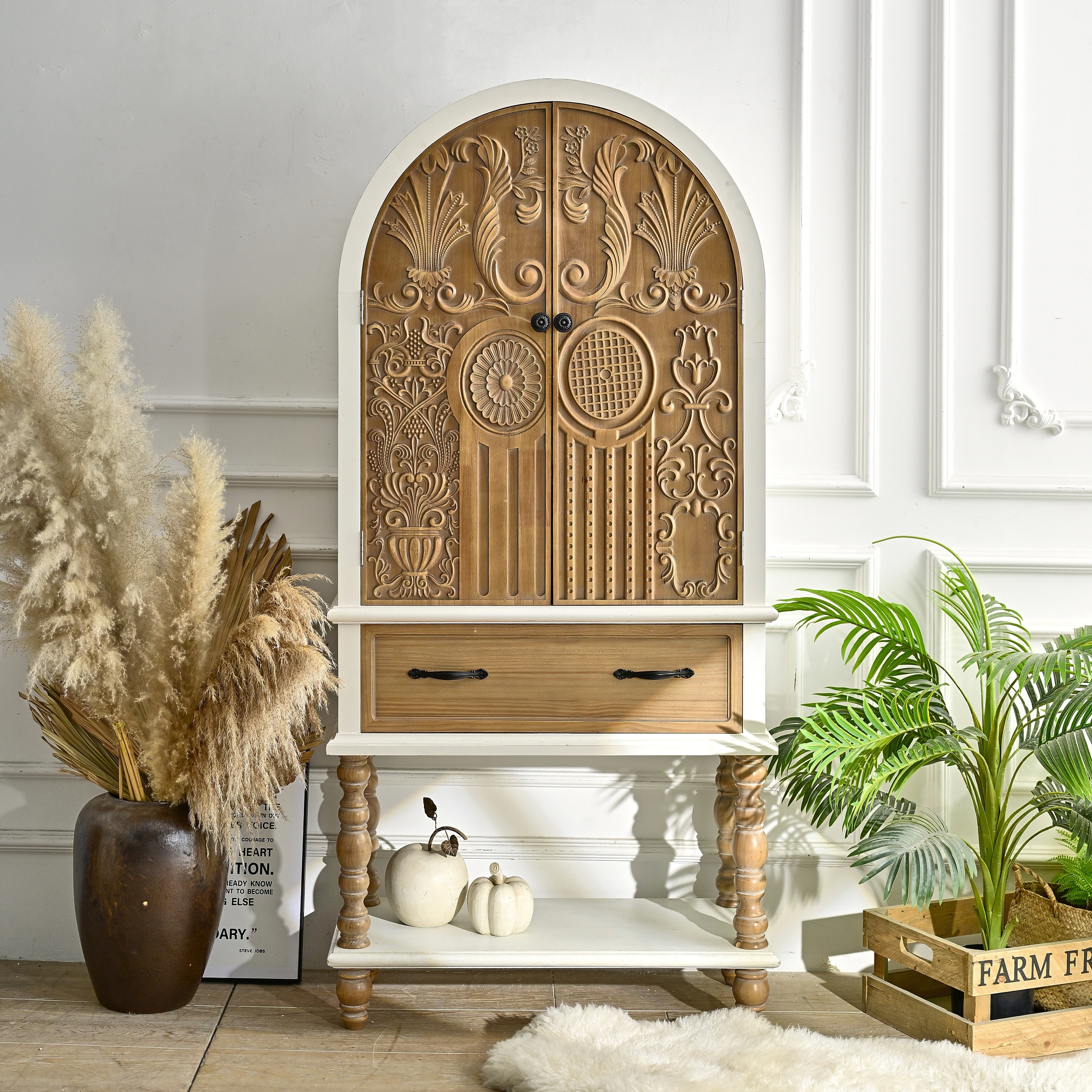 31.50"Arched Flower Carved Door Accent Sideboard Cabinet with 1 Drawer and Shelf, Wooden Cabinet for Dining Room, Living Room