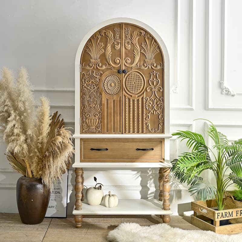 Arched Flower Carved Door Accent Sideboard Cabinet