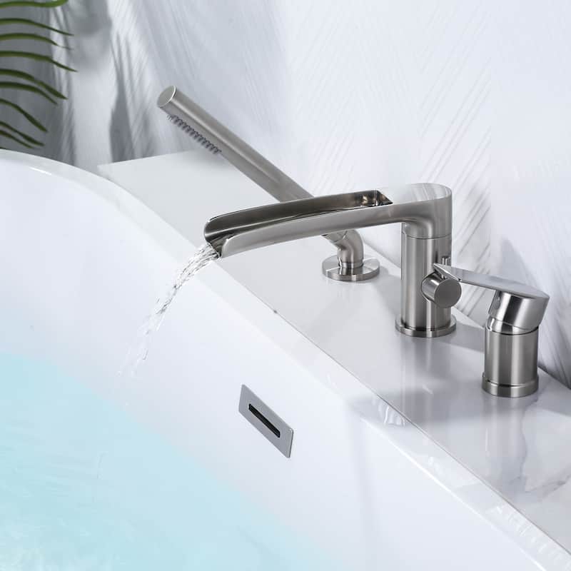 WOWOW Deck-Mount Waterfall Tub Faucet-Silicone Hand Shower