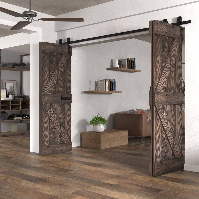 Coast Sequoia 30in./36in./48in./60in./72in. x 84in. Embossing Pine Wood Bi-Fold Barn Door With Sliding Hardware Kit
